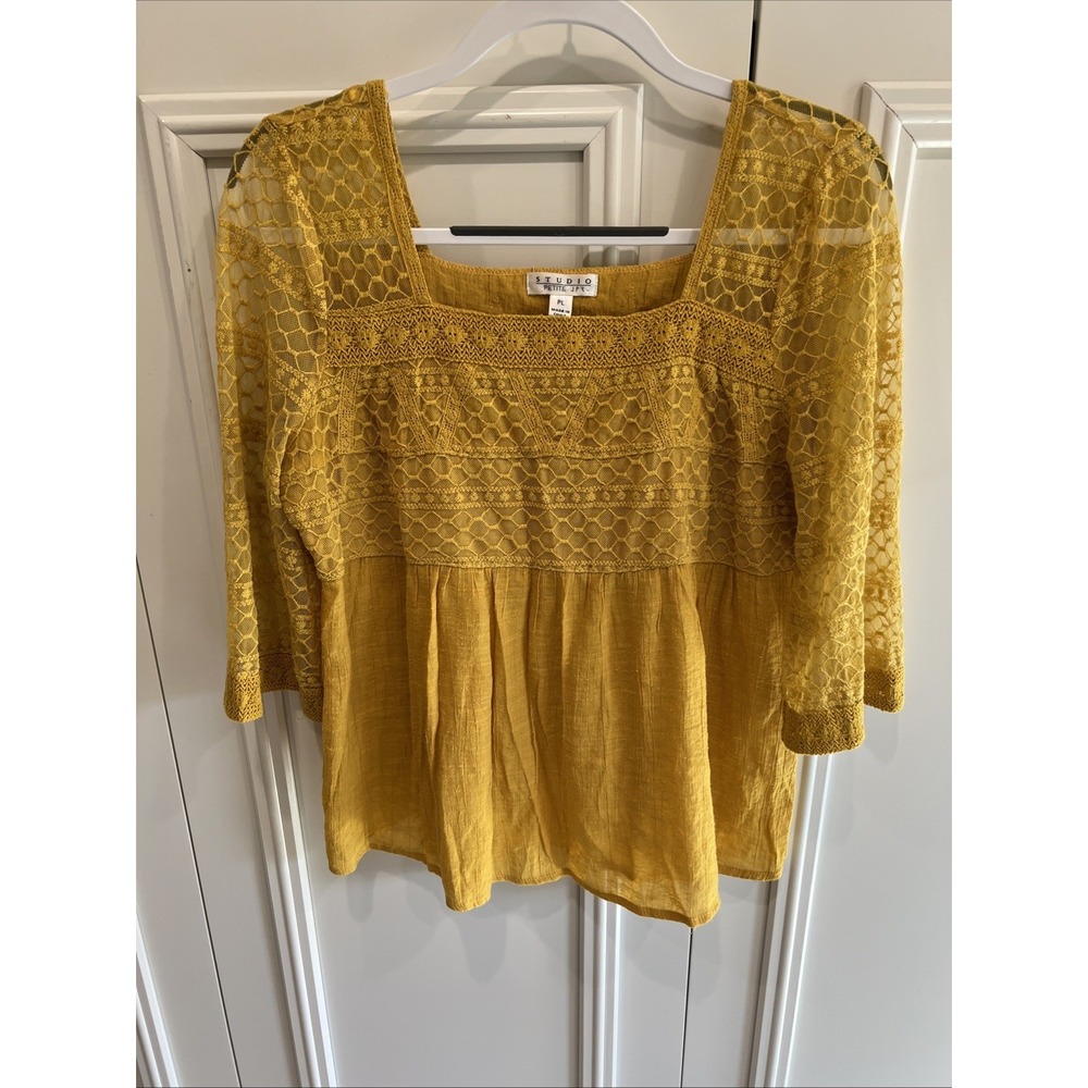 Mustard Yellow Embroidered Mesh Lace Babydoll Peasant Top Boho‎ Cottagecore